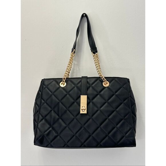 ALDO Black Quilted Gold Chain Tote | Chic Structured Shoulder Handbag - Picture 12 of 12